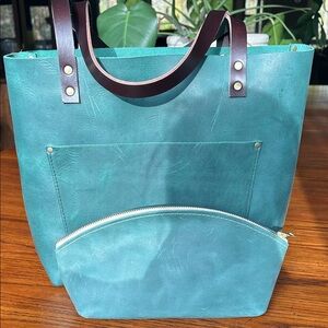 Portland Leather Teal Tote with Brown Handles and Matching Pouch